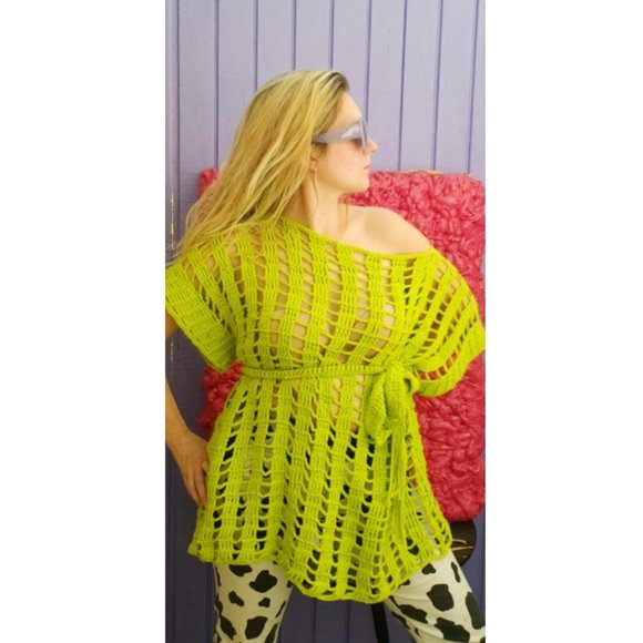 Vintage Lime Green Crochet Knit Coverup Y2K Top - Picture 2 of 3